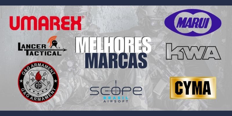 imagem com o logotipo das melhoras marcas de airsoft, umarex, cyma, tokyo marui, kwa, G&G, taran tactical.
