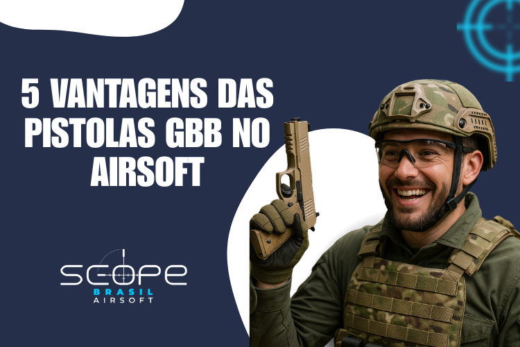 Jogador de airsoft feliz com sua pistola gbb de airsoft.