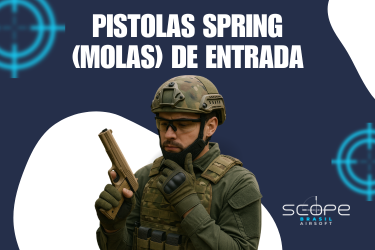Jogador de airsoft avaliando sua pistola de airsoft a mola na cor tan.