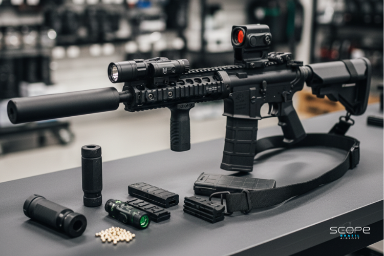 Rifle Elétrico de airsoft preto, mostrando acessórios de upgrade.