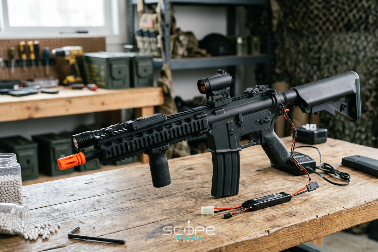 Fotografia macro 4K em estilo de estúdio técnico (gearhead). Sobre uma bancada de trabalho escura, um rifle airsoft elétrico M4 com o upper receiver parcialmente aberto, revelando a gearbox de metal e a fiação de um MOSFET eletrônico.